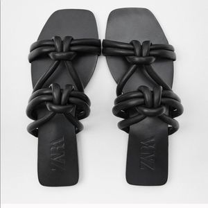 Zara Black Flat Leather Tube Sandal